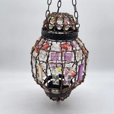 "Linterna de vela colgante boho marroquí vintage 14"" colorido alambre de vidrio facetado" Foto 1 de 4