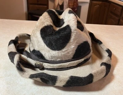 Vtg MR. JOHN JR. Hat Brown Tan Big Dots Faux Fur Italy Adjustable Wired Brim - Image 1 of 4