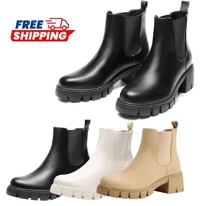 Women Ladies Chelsea Booties Low Chunky Heels Elastic Ankle Boot Shoes Size 5-11 - Picture 1 of 33