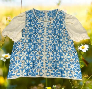 Cottagecore Floral Crochet Blouse Womens Sz 22/24 Puff Sleeve Open Knit Peasant - Picture 1 of 11