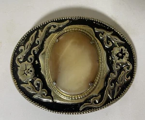 Gold & Black Floral Metal Belt Buckle with brown center stone - Picture 1 of 6