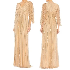 MAC DUGGAL 93841 Taupe Gold GlitterSequin Beaded Cape Sleeve V-Neck Gown size 16 - Picture 1 of 18