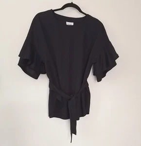 Seed Heritage Womens Black Waffle Flutter Sleeve Blouse With Waist Tie Size XS - Picture 1 of 7