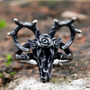 Gothic Rose Blume Hirschkopf Ring Edelstahl Herren Evil Skull Bikerring - Bild 1 von 7