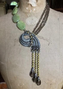 HEIDI DAUS Brown Bead and Green Agate Pearls ART DECO TASSEL NECKLACE - Picture 1 of 11