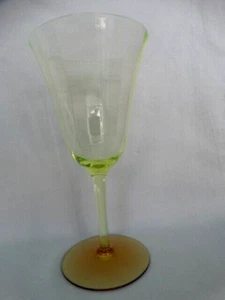 Tiffin Bi-colored Vaseline w/ Amber Foot Panel Optic 8oz Water Goblet Stem 14196 - Picture 1 of 10