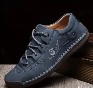 Herren Schnürschuhe Handarbeit Genäht Leder Freizeitschuhe Flache Mokassin Turnschuhe Blau 12,5 - Bild 1 von 3