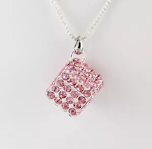 Pink Rhinestone16 mm Cube Necklace w/ 22" Box Chain Silver Plated - Picture 1 of 2