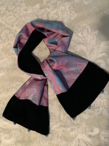 Black velvet and silk print reversible scarf with knotted silk balls on edges - Picture 1 of 12