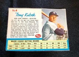 1962 Post Cereal #4 Tony Kubek New York Yankees Hand Cut Card Overall VG - Picture 1 of 3