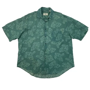 Hugo Boss Hawaiian Shirt Mens 16.5 Vintage Wash Green Floral Cotton Linen Blend - Picture 1 of 12