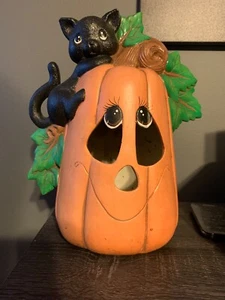 Vintage Ceramic Pumpkin Jack O Lantern /Black Cat 10”Halloween Decor 90s EUC - Picture 1 of 2