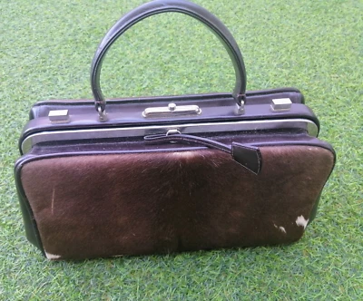 Vintage 70´s Woman handbags purse Brown leather & fur lady clutch with handle - Image 1 of 4