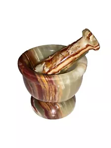 Vintage Hand-Carved Onyx Mortar & Pestle Set Brown Green White Marble 2.75” X 3” - Picture 1 of 5