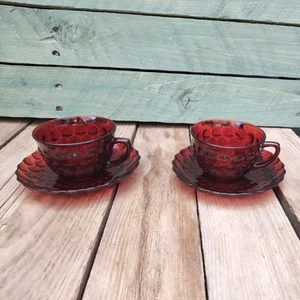 Anchor Hocking Red Glass Bubble Teacup & Saucer vintage goth - Picture 1 of 11
