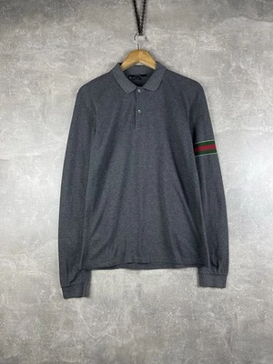 Camisa Polo Gucci Vintage Gris Manga Larga con Detalle de Rayas Web Hecha en IT Talla M Foto 1 de 4