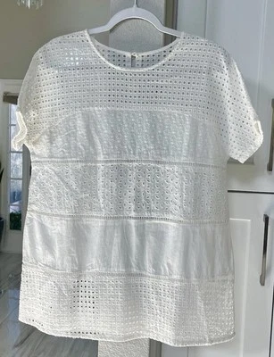 Top de ganchillo de manga corta blanco con ojales para mujer talla L Foto 1 de 4