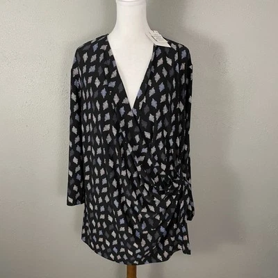 NUEVA Blusa Anne Klein $79 Imitación Envolvente Talla 3X Negra Geométrica Elástica Tejido Top Foto 1 de 4