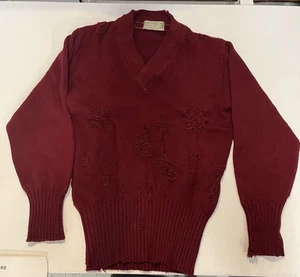 Vintage 50s Sand Knit Wool Knit V-Neck Sweater Sz 46 Award Varsity Red Burgundy - Picture 1 of 5