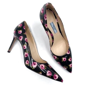 Prada Black Floral Pumps Patent Leather Heels Slip On Pointed Toe Sz 37 / 7 - Picture 1 of 9