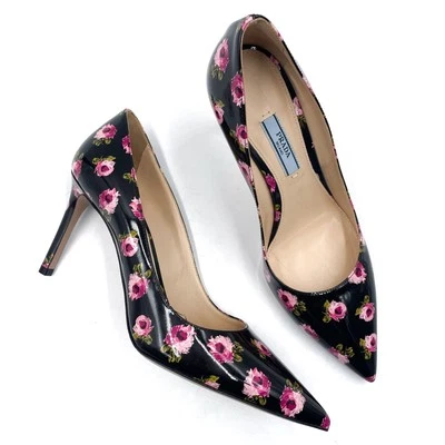 Prada Black Floral Pumps Patent Leather Heels Slip On Pointed Toe Sz 37 / 7 - Image 1 of 4
