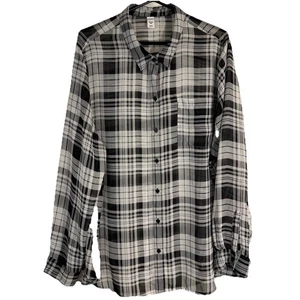 Old Navy Top Blouse Plaid Black White Semi Sheer Size XXL Long Sleeves - Picture 1 of 6
