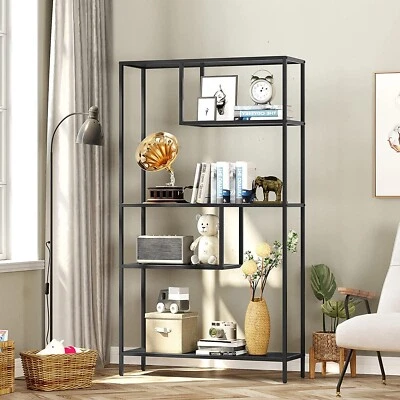 Industrial 4 Tier Bookshelf Wood Wide Bookcase Book Display Rack Home Office - Image 1 of 4