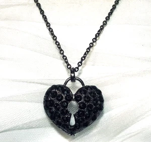 Pendant Necklace Black Rhinestone Keyhole Heart Puffy Pave Long 33" Cable Chain - Picture 1 of 11