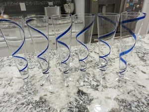 6 Pier 1 Blue Swirline 10" Pilsner Beer Glasses Hand Blown Discontinued NOS - Picture 1 of 8