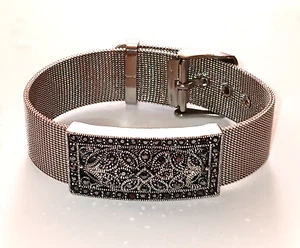 LUXE MARCASITE DESIGNER STYLE VINTAGE 8" CUFF BRACELET SILVERTONE MESH BAND - Picture 1 of 14