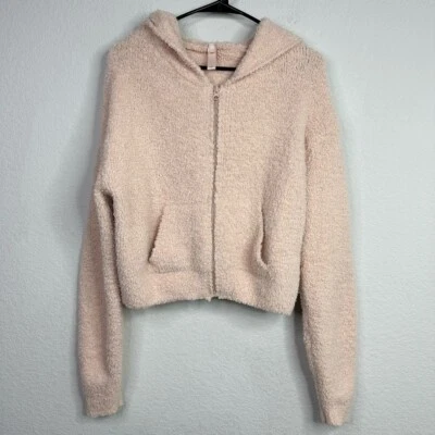 Skims 夹克女式 L/XL 粉红色夏尔巴羊毛拉链连帽衫休闲毛绒运动休闲 — 第 1/4 张图片