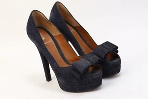 FENDI Navy Suede Bow Accent Peep Toe Platform Pumps Size 36 - Picture 1 of 14