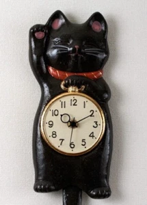 Japanese Black Lucky Cat Manekineko Wall Pendulum Clock Pottery Seto ware Gift - Picture 1 of 13