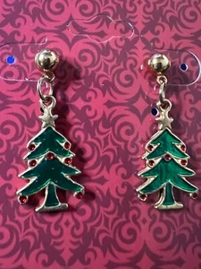 Christmas Tree Earrings Goldtone 1" Drop - Picture 1 of 1