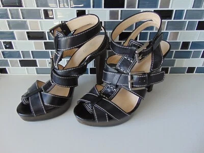 Coach Black Leather Platform Sandals - 5 in wood heels - Size 8B - Buckle Straps - Image 1 of 4