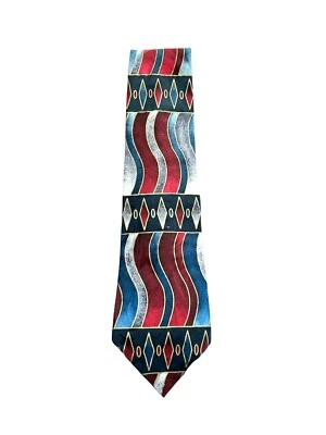 Vintage Albert Nipon Silk Tie Geometric Wavy Pattern Red Blue Gold Imported Fabr - Image 1 of 4
