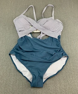 EoMenie Cross Cut Out One Piece Swimsuit Womens size 2XL Striped Solid Blue - Picture 1 of 14