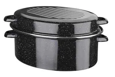 GSW Girarrosto Oca Smaltato Ovale con Coperchio 42cm 13 Litri Nero NUOVO - Immagine 1 di 4