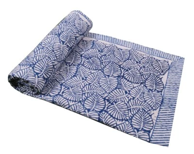 Blue Bed Runner Kantha Quilt Leaf Print Ralli Gudri Single Bedspreads Throw - Image 1 of 4