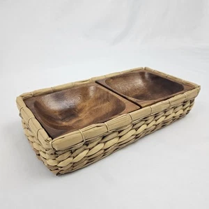 Carrito de ratán vintage con cuenco de madera juego de servir aperitivos soporte cesta años 70 boho - Imagen 1 de 10