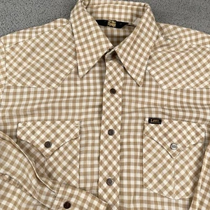 VINTAGE Lee Shirt Mens Large Brown Western Snap 70s Made in USA Check Cowboy - Picture 1 of 12