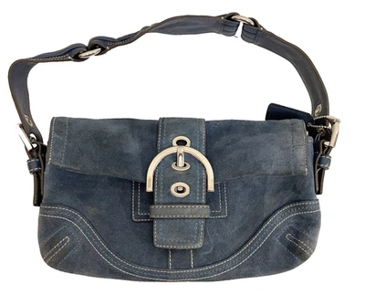 罕见蔻驰 Soho 翻盖单肩包鞍袋钱包 H05S-8A18 复古 Y2K 蓝色麂皮绒 — 第 1/4 张图片