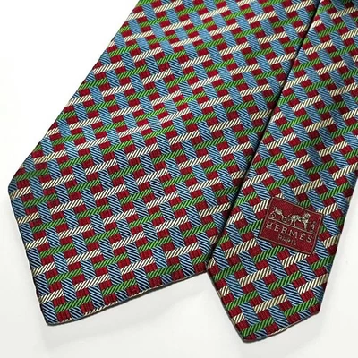 HERMES Tie silk all over pattern Check authentic made in France 1028 - Image 1 of 4