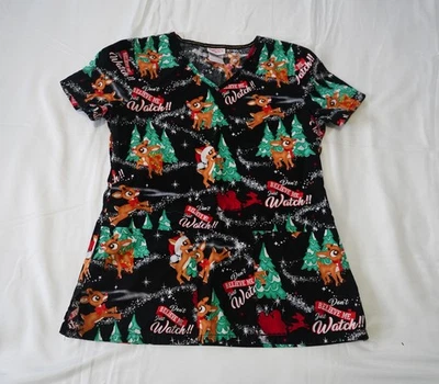 Rudolph the Red Nosed Reindeer Christmas Scrub Top Women's Ex Small cotton tree - Image 1 of 4
