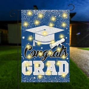 Graduation Garden Flag with LED Light Blue Silver Graduation Decorations Yard... - Picture 1 of 7