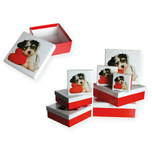 Geschenkboxen 8er Set Hund mit Herz Geschenkkarton Box rot Karton 22,5x22,5x8 cm