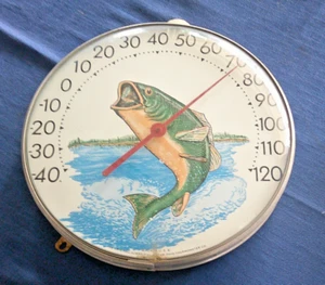 Vintage Bass Fisch das Original Jumbo Zifferblatt Blase Glas Thermometer Ohio rund funktioniert - Bild 1 von 5