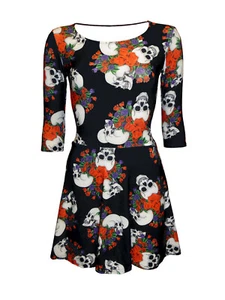 Classic Skull Roses Pattern 3/4 Sleeve Skater Dress Rockabilly Swing Party - Imagen 1 de 2