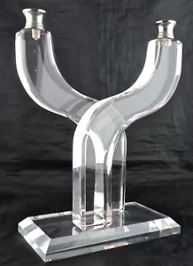 PALE PINK TWO ARM LUCITE SILVER PLATE CANDLESTICK CANDELABRA DECO STYLE SIGNED - Picture 1 of 12