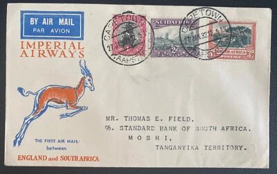 1932 Ciudad del Cabo Sudáfrica Primer Vuelo Correo Aéreo Cubierta a Moshi Tanganica Foto 1 de 2